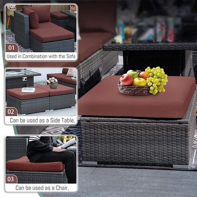 RADIATA 9 Piece Wicker Patio Furniture Set with Fire Pit, All-Weather Outdoor Sectional Couch High Back Large Size, Modular Backyard Seating Sofa Set with Propane/Natural Gas Firepit Table, Grey&Red