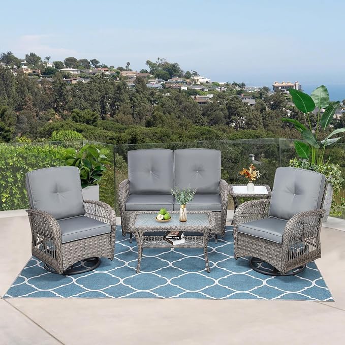 VIVIJASON 5-Piece Outdoor Patio Wicker Conversation Sets, All Weather Outdoor Rattan Furniture Set Includes Glider Loveseat, 2 Coffee Table, 2 Swivel-Gliders Chairs with Cushions, Grey