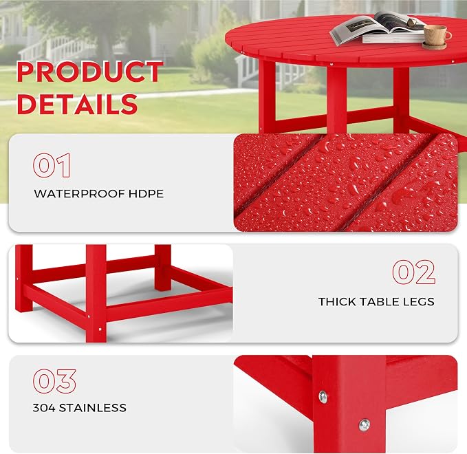 Costaelm Patio Conversation Set, 5 piece Balcony Furniture, Small Patio Firepit Furniture Outdoor Adirondack Round Coffee Table and Chair for Backyard Lawn Porch Pool Garden, Red