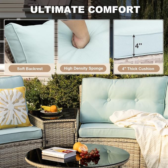 MEISSALIVVE 11-Piece Half-Moon Curved Outdoor Patio Furniture Set, Sectional Conversation Sofa with Wood Armrests, Coffee & Side Tables for Backyard Deck Garden, Blue