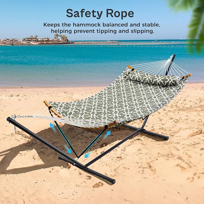 SUPERJARE Hammock with Stand, 2 Person Heavy Duty Hammock with Padded Cotton, Detachable Pillow & Strong Curved-Bar & Portable Carrying Bag, Perfect for Outdoor & Indoor, Grey with White Flower