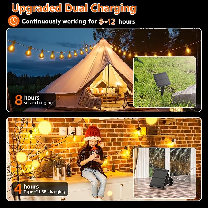 Kawaya G40 Outdoor String Lights Solar 31FT IP65 2700K LED Patio Light | IP65 Shatterproof Hanging Edison Blubs,2700K Warm White for Garden Porch Fence Camping Party Backyard Deck Bistro Balcony
