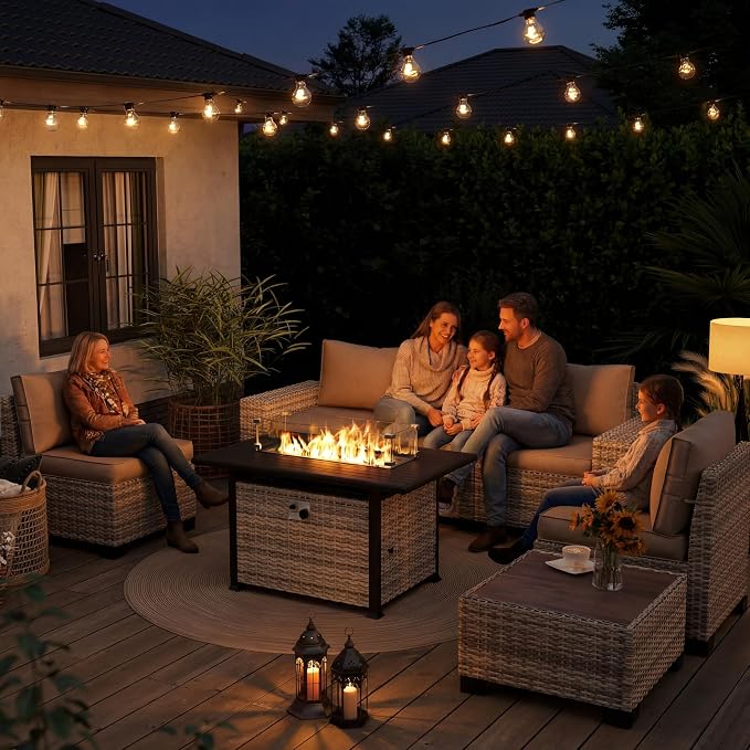 7-Piece Outdoor Patio Furniture Set with 55,000 BTU Fire Pit Table, PE Wicker Rattan Sectional Sofa Patio Conversation Set with Thickened Cushions & Coffee Table, Dark Green