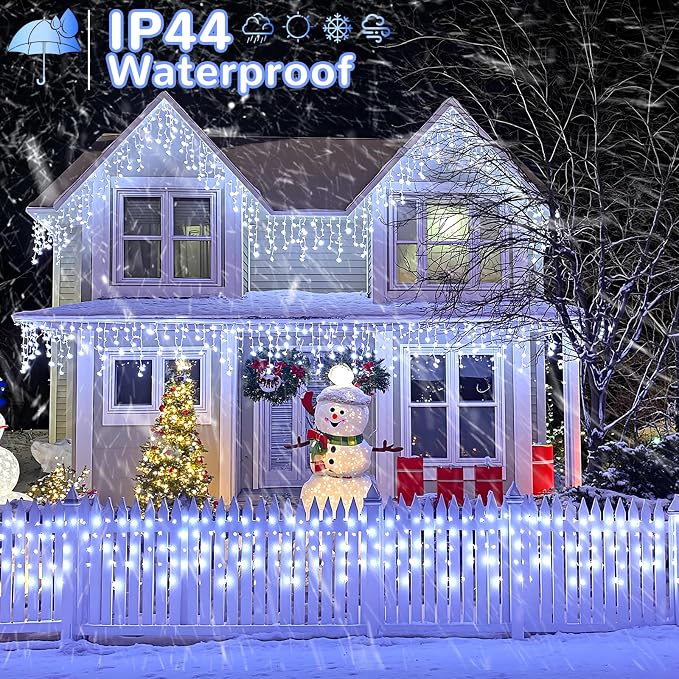 White Christmas Lights Outdoor, 33ft 400 LED Icicle Lights for Outside | Twinkle Lights Plug in 8 Modes Timer Waterproof for House Eaves Patio Window Wedding Party Holiday Decorations, Clear Wire