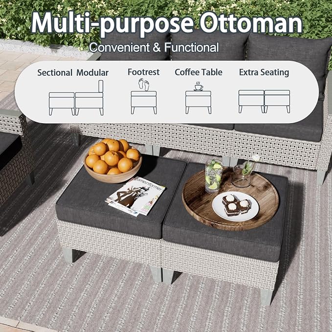 Outdoor Patio Furniture Set 14-Piece Modular Wicker Sectional Sofa with Ottomans and Thick Cushions, Modern Rattan Outdoor Conversation Couch for Garden Backyard, Black