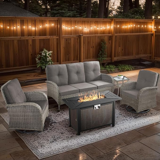5 Piece Patio Furniture Set with Fire Pit Table - Wicker Patio Conversation Set with Swivel Glider, 3-Seat Sofa, Tempered Glass Side Table for Deck Backyard - Grey Wicker Grey Cushion