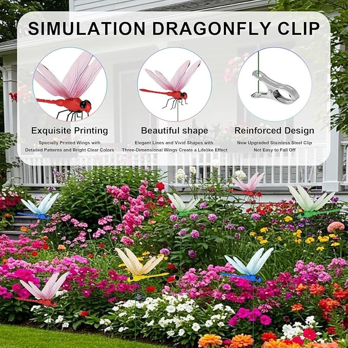 16pcs Dragon Fly Clips for Bugs Repel Lent - Lifelike Outdoor Decorative Dragonflies for Patio, Porch, Plants, Yard and Backpack, Waterproof Summer Garden Ornaments