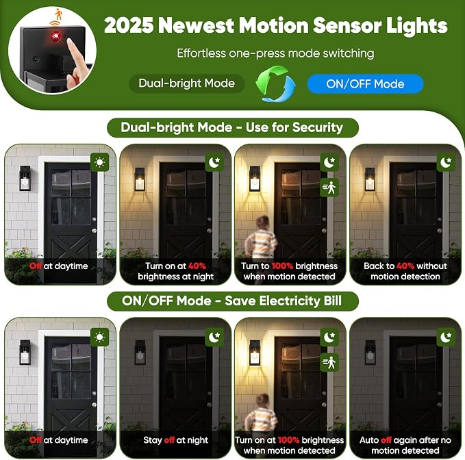 BesLowe 10.6" Upgraded Motion Sensor Outdoor Wall Light Fixture, Black | Auto ON/OFF, 3 Lighting Modes, Waterproof, Rust-Resistant, Durable Metal & Clear Glass, Standard E26 Sockets, Easy to Install