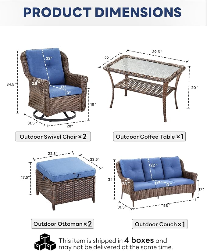 6 Pieces Wicker Patio Conversation Sets-Swivel Patio Chairs with Outdoor Sofa Outdoor Patio Furniture Set for Patio Deck Porch Garden Backyard-Brown/Blue
