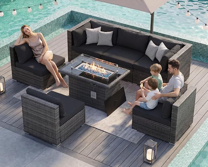 BULEXYARD 7 Piece High Back Outdoor Furniture Set with Fire Pit, Durable All Weather Wicker Patio Couch Sofa Set, Oversized Modular 6-Seater Sectional Backyard Seating Wide Deep for Lawn, Grey & Black