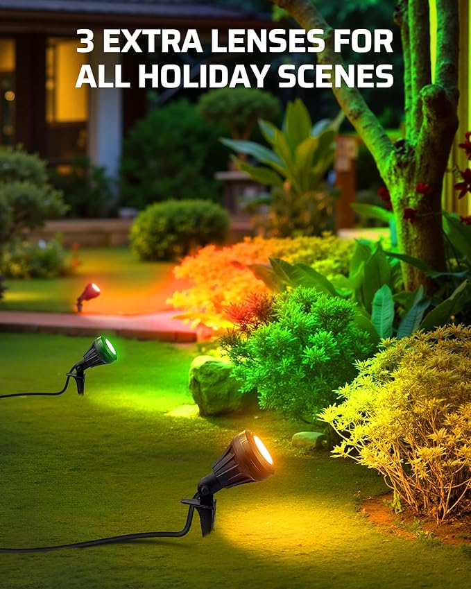DEWENWILS 120V LED Outdoor Spotlight, 3 Extra Lenses 5.5W Landscape Light | Red Green Yellow Lenses, 5000K Plug in Spotligh, Waterproof Landscape Light for Yard, Tree Flag, Holiday 5FT Extension Cord