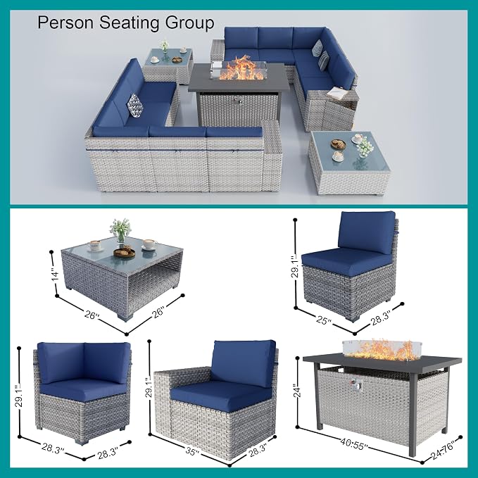 13-Piece Patio Furniture Set, Outdoor Patio Conversation Set with 60,000 BTU Fire Pit Table, PE Rattan Wicker Sectional Sofa with Large Capacity Seats, Widened Armrests, Extra High Backrest, Navy Blue