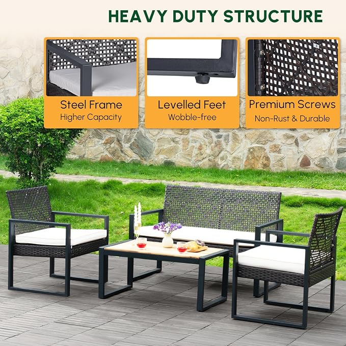 BEEFURNI Wicker Patio Furniture Outdoor Conversation Set of 4, Rattan Outdoor Furniture Set, Acacia Wood Table, 2 Chairs, 1 Loveseat, 2” Cushions, All Weather Set for Patio, Porch, Balcony (Black)