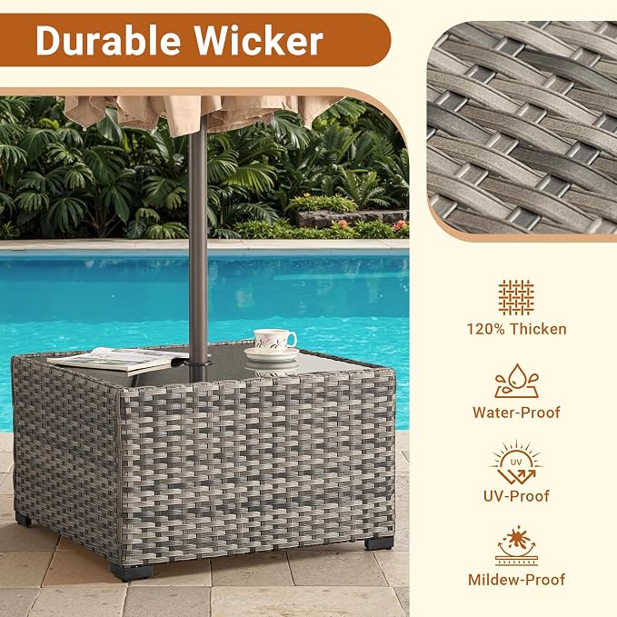 HOOOWOOO Outdoor Patio Side Table with Umbrella Hole,Wicker Coffee End Table Glass Top,Umbrella Table with 1.64" and 2" Hole for Yard,Deck,Porch,Garden(Rectangle Brown)