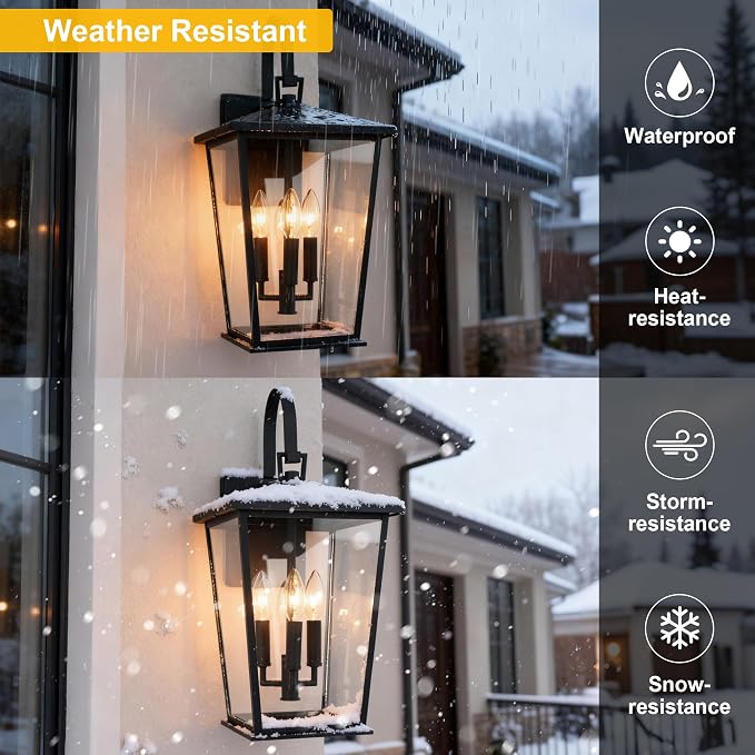 Modern Outdoor Wall Sconce Fixture 20 1/2", Matte Black, 3-Light Exterior Wall Mount Lighting with Clear Glass Panels for House Porch Patio Outside Deck Garage Yard Front Door Garden Home