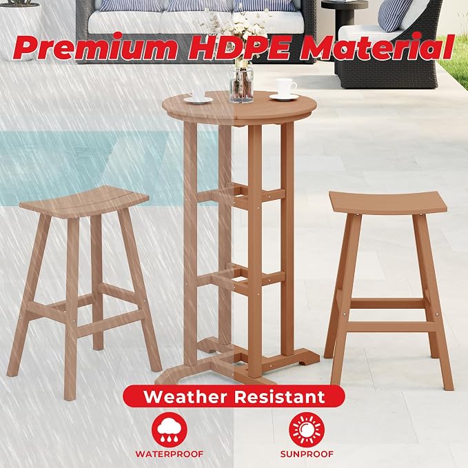 Costaelm Outdoor Bar Table, 42" Counter Height Round Patio Cocktail Bar Table, Patio Bar Table 3-Pieces Set Bistro Dining Table Pub Table for Deck, Backyard, Garden, Teak
