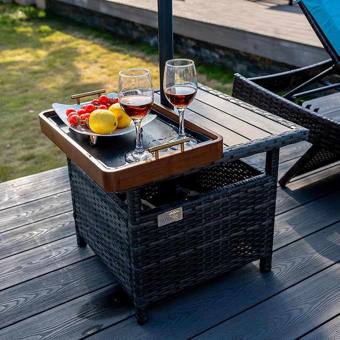 Sundale Outdoor Patio Umbrella Stand All Weather Wicker Rattan 22 in Umbrella Table Garden Furniture Deck Pool Table, Charcoal