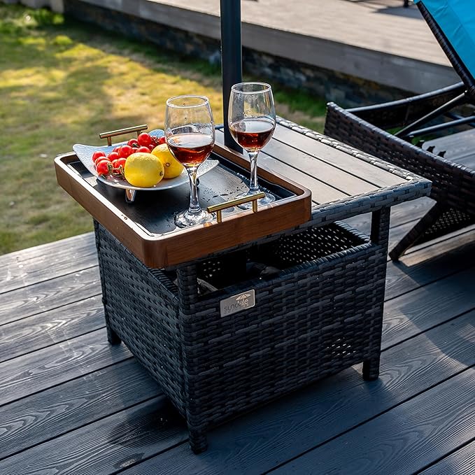 Sundale Outdoor Umbrella Stand with 2 Weight Bags, Patio 22 in Wicker Side Table with Umbrella Hole, All Weather Small Rattan Umbrella Base for Deck Yard Poolside Porch, Charcoal Gray