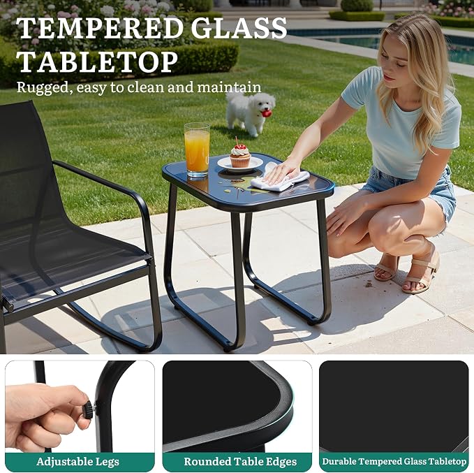 DWVO 3 Piece Patio Furniture Set, Durable Textilene Patio Set with Rocking Chairs Set of 2 & Tempered Glass Table for Garden, Balcony & Poolside, Black
