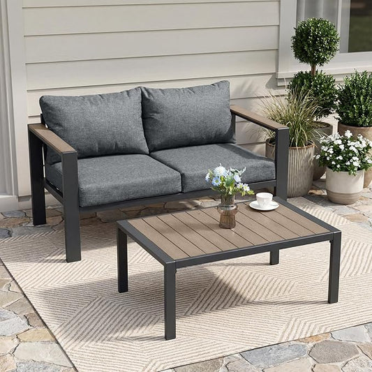 Outdoor Patio Furniture Set Loveseat and Coffee Table with Washable Thick Cushions, All-Weather Luxury Aluminum Large Sectional Sofa for Porch, Balcony, Deck, Yard, Gray