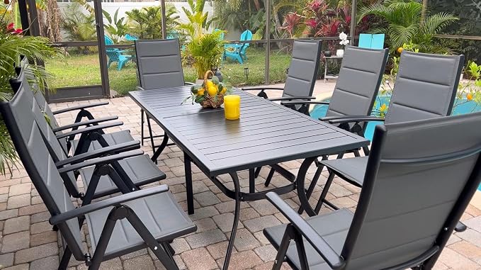 PURPLE LEAF 6-8 Person Outdoor Aluminum Dining Table with Height Adjustable Feet and Slatted Tabletop Large Rectangle Patio Table for Garden Porch Deck