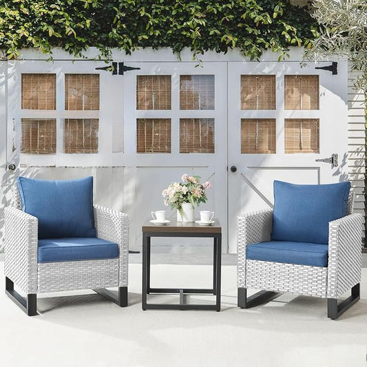 Belord Outdoor Bistro Set 3 Piece Outdoor Wicker Patio Chairs, Oversize Outdoor Rattan Seating Set, All-Weather Chairs Wicker Furniture with Side Table and Removable Cushion for Outside, Light Grey
