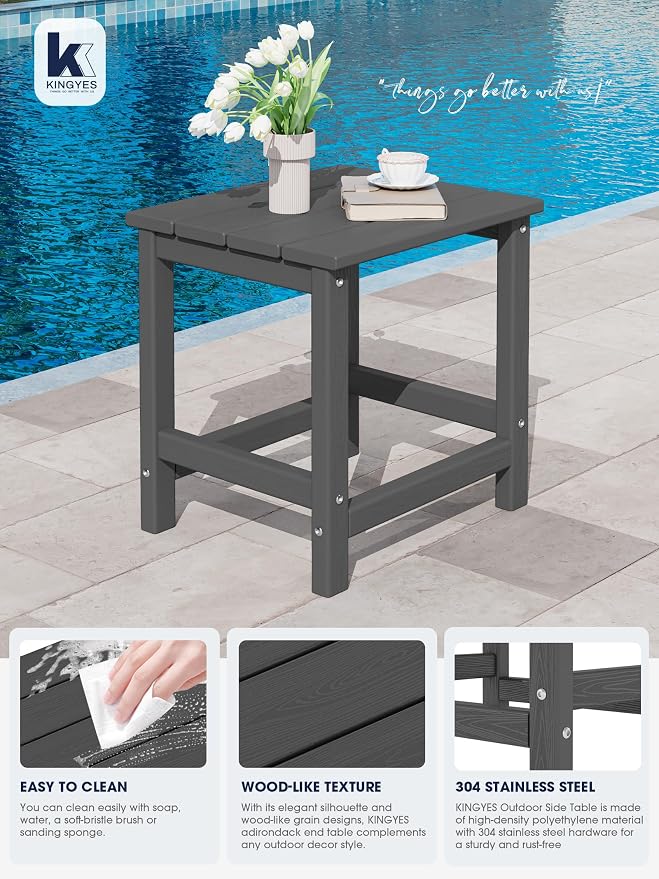 KINGYES HDPE Outdoor Side Table, Adirondack Side Table for Patio, Garden, Poolside, Grey