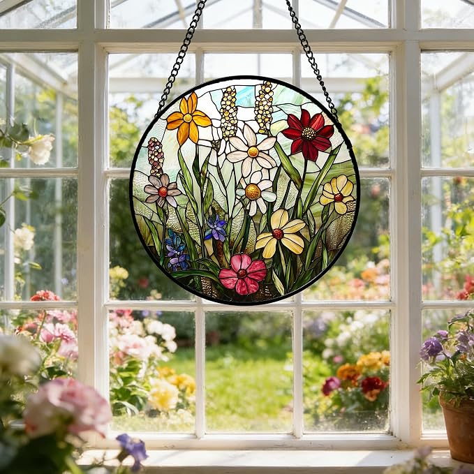 DASTOLL Stained Glass Window Hanging, Colorful Wildflowers Plant Scenery Suncatcher for Doors Window Home White Green Sun Catchers Decor Mother's Day Birthday Gifts for Women, Men Mom 11.8 in
