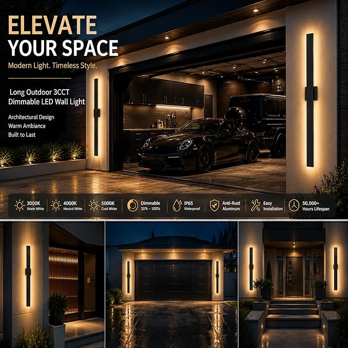 2Pack Modern Outdoor Wall Lights Dimmable,23.6" Linear Led Exterior Wall Light,3CCT, Aluminum& PC,IP65-Waterproof, Long Exterior Lighting Fixtures for Front Door,Stair, Black,Wall,Garage