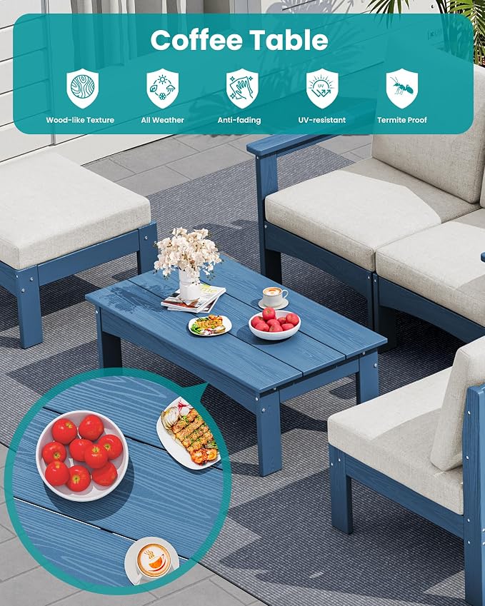 SERWALL HDPE Patio Loveseat Sofa, 2 Pieces Single Sofa, Weather-Resistant Outdoor Furniture Chair with Thick Removable Cushion, Balcony, Garden, Backyard, Poolside, Blue Frame with Khaki Cushion