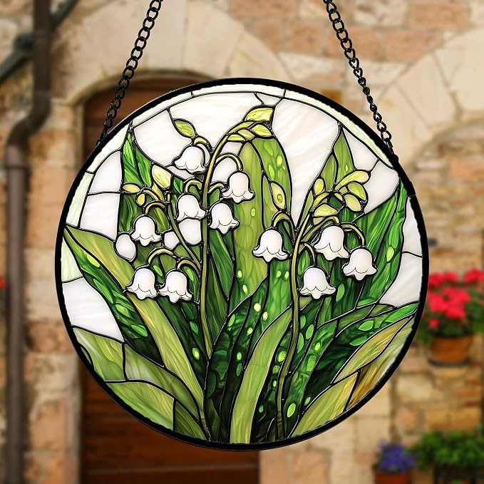 DASTOLL Stained Glass Window Hanging, Lily of the Valley Flower Sun Catchers Colorful Glass Panel Green Plants Suncatcher Decor for Birthday for Women, Men,Wife, Lovers, and Mom 9.8 in