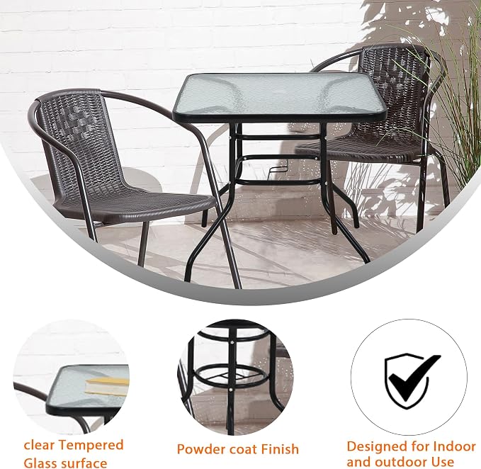 Outdoor Patio Table with Umbrella Hole, 32 Inch Patio Dining Table All Weather Square Patio Table, Glass Patio Tables for Outside, Balcony, Backyard, Poolside(Square)