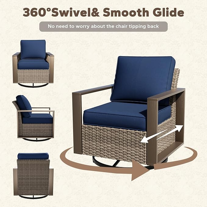 Outdoor Swivel Rocker Metal Chairs Set of 2 with Small Coffee Table - 3 Pieces Patio Bistro Set with Rectangular Framed Wood-Looking Metal Armrest, 360 Degree Glider Chairs, Dark Blue