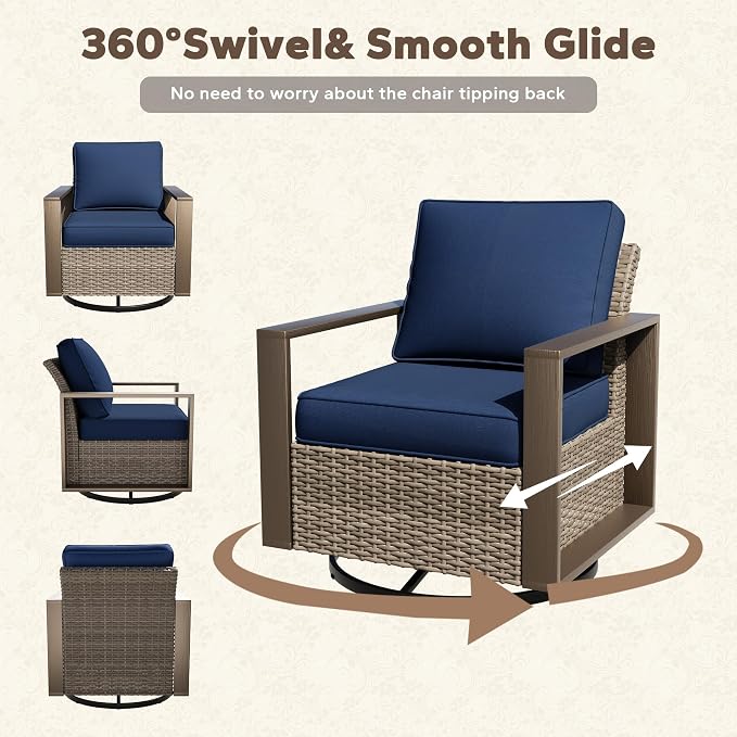 6 Pieces Metal Wicker Patio Furniture Set - Four Swivel Chairs and Two Ottomans, All Weather Rattan Outdoor Conversation Furniture with Washable Cushion for Deck Porch, Dark Blue