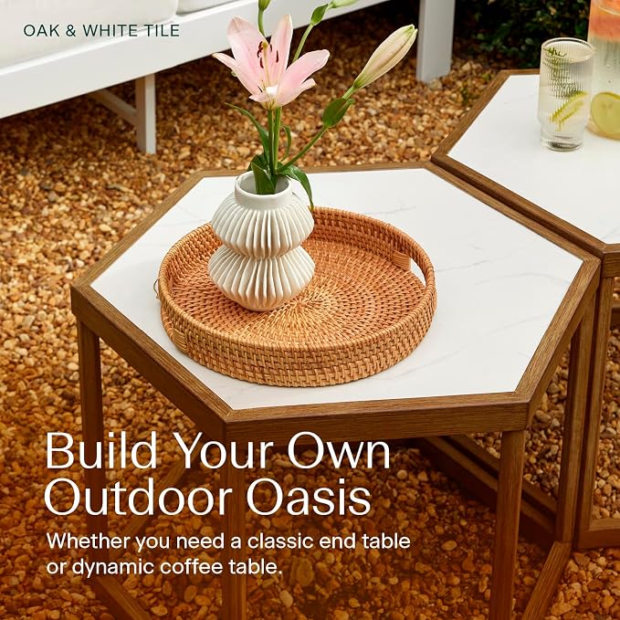 Honeycomb Indoor/Outdoor Omni Table: Weather, Rust, Heat, and Stain Resistant, Flexible Design to Stand Alone or be Combined, Stylish Yet Sturdy, White Tile Top, Steel Frame with Oak Finish