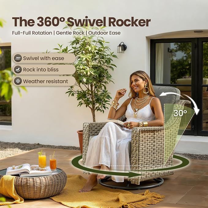 5 PCS Patio Conversation Set, All-Weather Rattan Wicker Outdoor Patio Furniture Sets with High Back Swivel Rocker Chair, Solar Light Coffee Table for Porch,Backyard,Balcony,Dark Grey