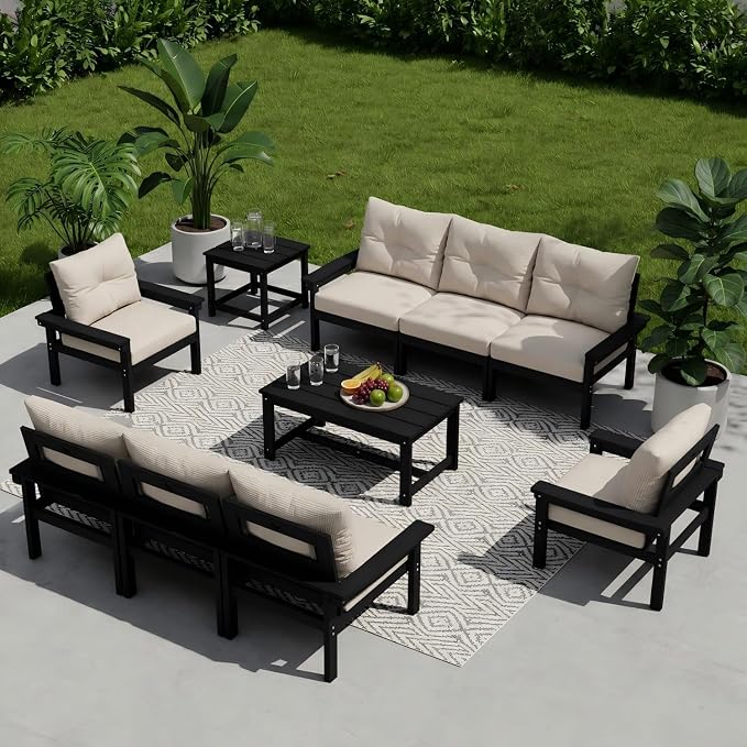 HDPE 10 Piece Outdoor Patio Furniture Set, All-Weather Outdoor Couch Set with Thick Cushions & Coffee Table, Patio Conversation Sets for Lawn, Garden, Porch, Balcony, Deck, Poolside, Black Beige