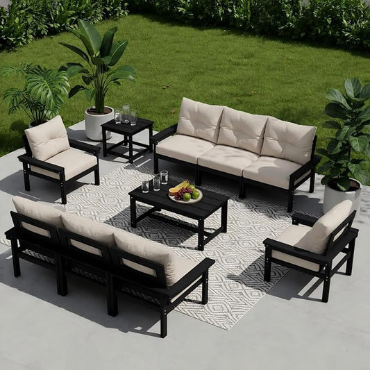 HDPE 10 Piece Outdoor Patio Furniture Set, All-Weather Outdoor Couch Set with Thick Cushions & Coffee Table, Patio Conversation Sets for Lawn, Garden, Porch, Balcony, Deck, Poolside, Black Beige