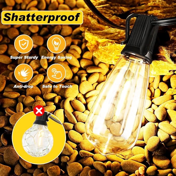 100FT LED Outdoor String Lights Waterproof, Edison Lights for Outside | with 52 Shatterproof Vintage Edison Bulbs Connectable Hanging Patio Lights for Yards Balcony Porch Bistro Garden Decor