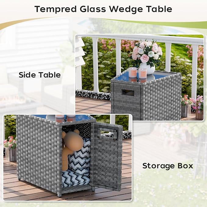 K Knowbody Glass Top Wicker Patio Side Table, Trapezoid PE Rattan End Table with Storage Outdoor Patio Furniture Table 20 inches high x 20 inches Wide 12 inches deep
