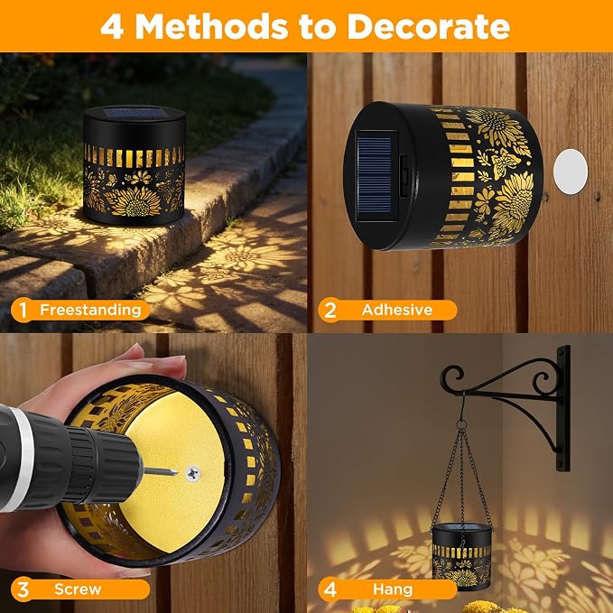 4 Pack Solar Fence Lights Outdoor, Metal Solar Powered Wall Deck Step Light | Sunflower Theme, Hanging LED Waterproof Decorative Lighting for Garden Patio Backyard Post Decor, Warm White