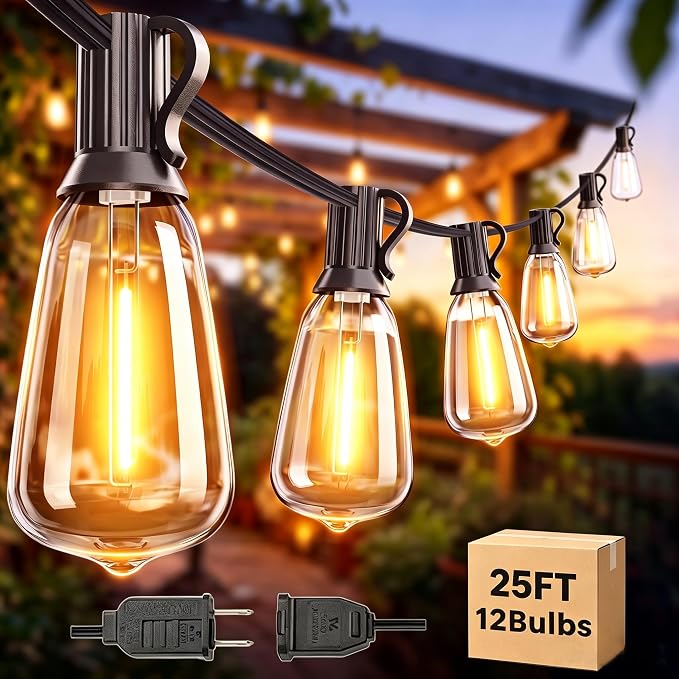 25FT LED Outdoor String Lights Waterproof, Edison Lights for Outside | with 13 Shatterproof Vintage Edison Bulbs Connectable Hanging Patio Lights for Yards Balcony Porch Bistro Garden Decor