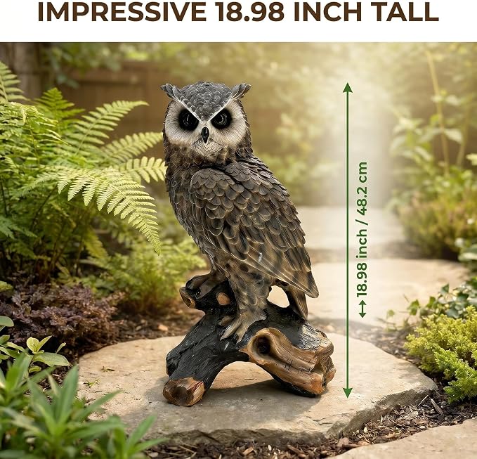 18.98" Hand-Painted Resin Owl Garden Statue | Lifelike Woodland Animal Figurine, Durable Yard Sculpture, Branch Base, Outdoor Patio, Lawn & Nature Decor