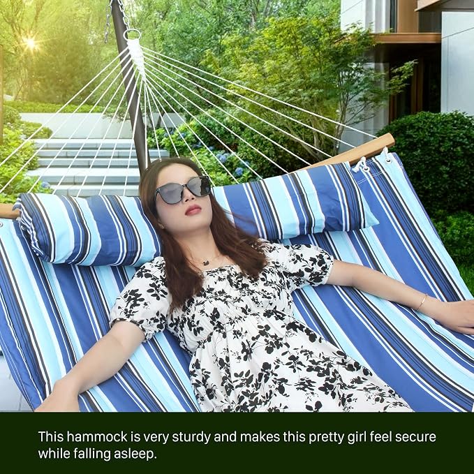 Hammock with 12.8 Feet Stand & Curved Bamboo Spreader Bar Double Hammocks 2 Person Heavy Duty Max 450lbs Capacity, Catalina Beach