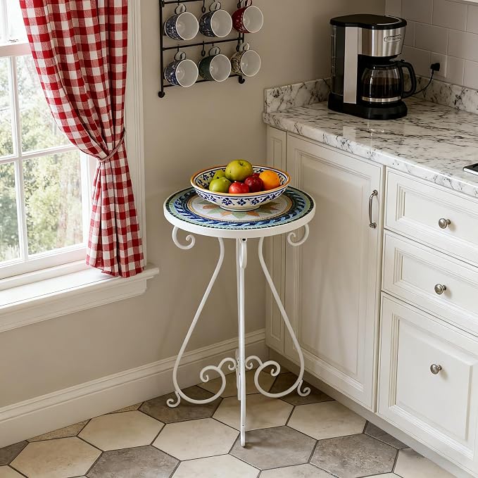 Vintage Outdoor Side Table Round Mosaic Ceramic Tile Top 14" Diameter Metal Plant Stand for Flower Pots Vase Garden Home Porch Pool Indoor Decor Weather Resistant Outside Patio Accent End Furniture
