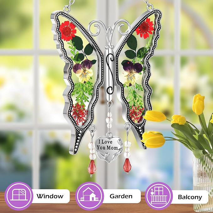 KY&BOSAM Mom Gift Butterfly Glass Pressed Flowers Suncatcher Window Hanging | I Love You Mom Charm Sun Catchers Wind Chime Ornament,Metal & Dried Flowers,Mothers Day Gifts for Mom Birthday Christmas