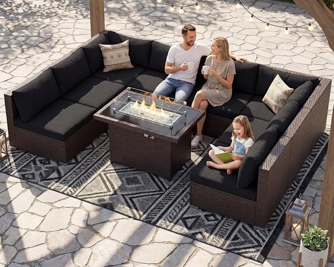 NICESOUL Modern Large Patio Furniture Set with Firepit Propane/Natural Gas, 29.3'' High Back Comfy Outdoor Sectional Couch Sofa Sets, 9 Piece Extra Wide Modular Sitting, Brown Rattan and Black Cushion