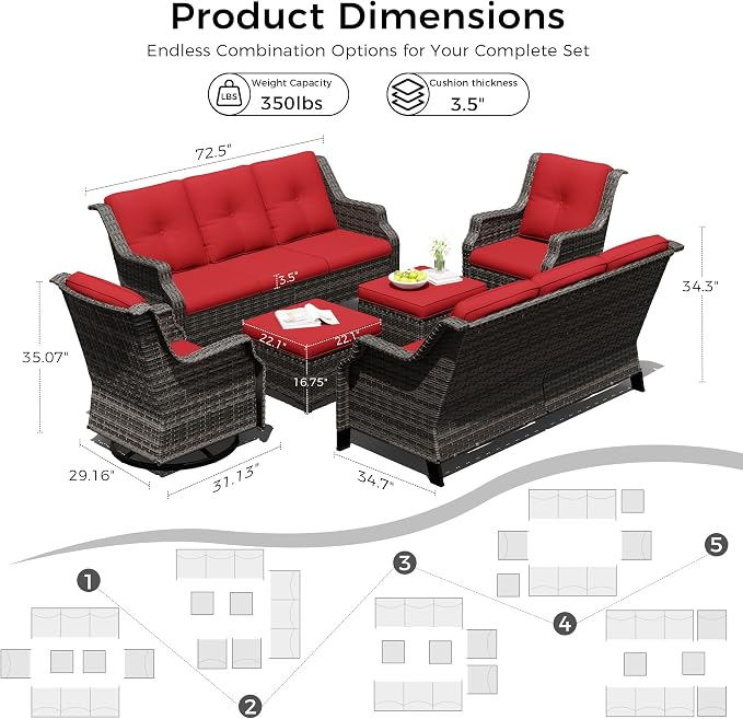 Outdoor Patio Furniture Set, 6 Piece Wicker Patio Furniture with Thick Cushions, Curved Armrest, Deep Seating, Rattan Outdoor Chairs for Porch, Deck, Balcony