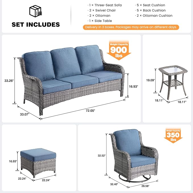 ovios 6-Piece Patio Furniture Set with Swivel Chairs Side Table, Outdoor Wicker Sofa with Comfy Cushions, High Back Couch Modern Conversation Sets, Grey/Denim Blue