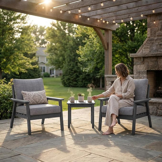 LOUNZY HDPE Patio Conversation Set, 3 pcs Sectional Outdoor Furniture Set, All Weather Outdoor Couch Set Patio Furniture Set for Deck, Lawn, Black